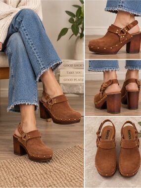 Korks by Kork-Ease Brown Suede‎ Studded Slingback Platform Clog Sandals Size 8M